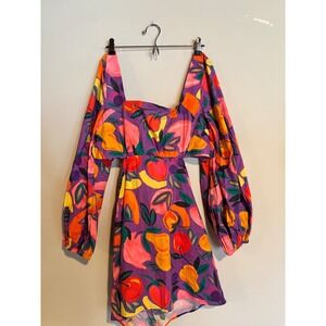 Farm Rio Anthropologie Fruit Print Mini Dress Cutout Back Tie Tropical M NWT